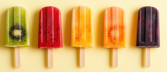 A row of colorful popsicles with a yellow background