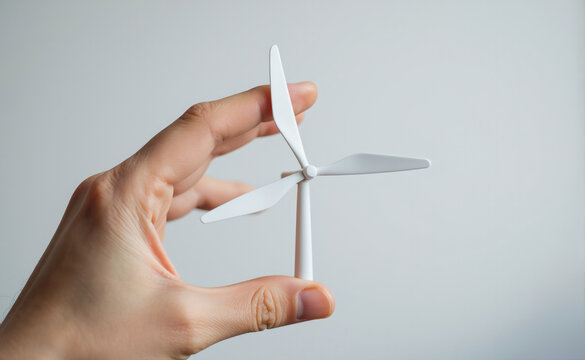 Turbina e&oacute;lica en miniatura sobre una palma abierta, representando la posibilidad de contener soluciones sostenibles en gestos simples y accesibles