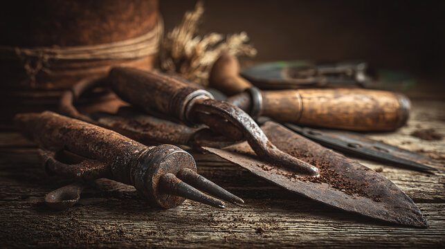 Vintage gardening tools on a wooden table, a timeless tribute to rustic simplicity and the art of cultivation.