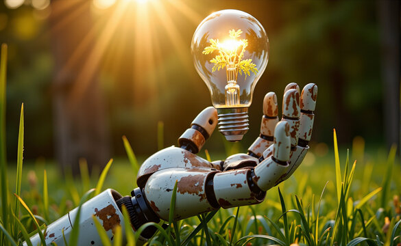 Interacción simbólica entre inteligencia artificial y naturaleza, con una bombilla que contiene brotes verdes como metáfora del futuro energético consciente y colaborativo