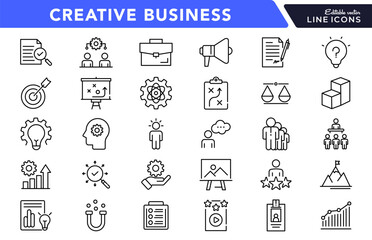 Creative business solutions linear icon set. Business strategy, business solutions, action List, research, solution, team, startup, business process, management vector icon set. UI thin line icon pack