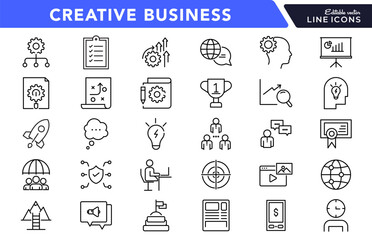 Creative business solutions linear icon set. Business strategy, business solutions, action List, research, solution, team, startup, business process, management vector icon set. UI thin line icon pack
