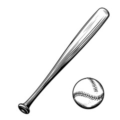 Detailed black and white icon of a realistic baseball bat next to a ball, used for representing classic American sports.