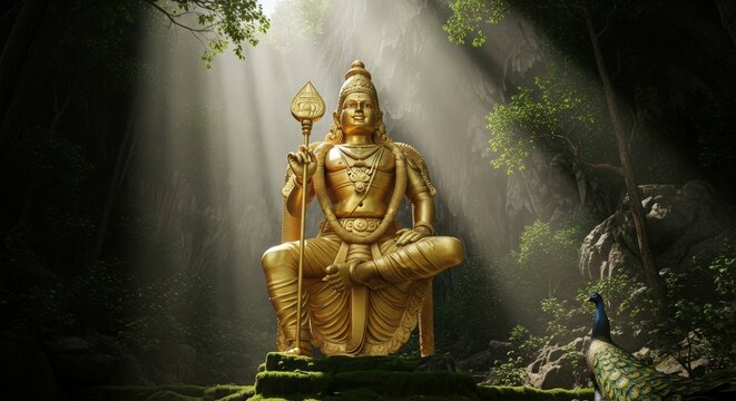 Golden murugan statue hinduism god kartikeya in forest with peacock and light