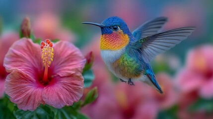 Fototapeta premium Hummingbird and Hibiscus: A Vibrant Encounter