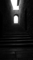Fototapeta premium A dark stone stairway leading up to an arch of bright light