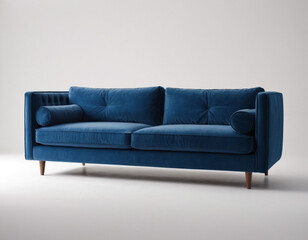 Fototapeta premium Blue Comfy Velvet Sofa Inside a Cozy Room, Elegant and Inviting Interior