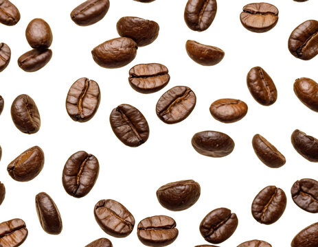 Bunch of Coffee Beans Floating and Flying on White Background, Dynamic Minimalist Coffee Concept