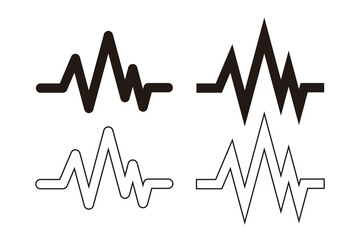 Set of four waveform or pulse line icons in different styles. Representing audio, heartbeat, or signal frequency in modern flat vector design.