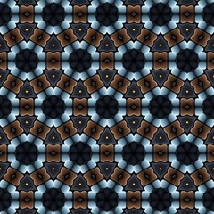Elegant geometric pattern featuring a repetitive design of circular and star shapes in shades of blue, brown, and black