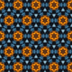 Vibrant geometric pattern featuring a repeating design of star shapes in shades of orange and blue, set against a dark background