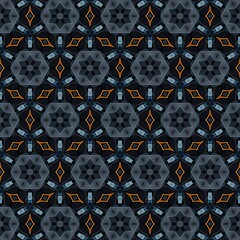 Intricate geometric pattern featuring a repetitive design of hexagons and diamond shapes in shades of blue and gray, accented with warm orange