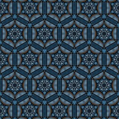 Stylish geometric pattern featuring a repeating design of circular shapes and intricate details in shades of blue and warm brown, set against a textured background