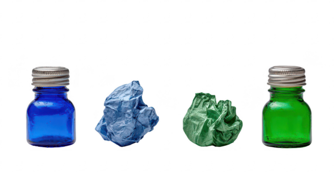 Three small, colored glass bottles, each with a crumpled piece of paper beside it