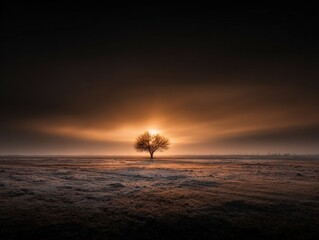 Golden sunrise over solitary tree serene landscape nature photography tranquil environment wide angle view