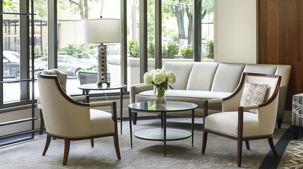 Modern lounge with sleek furniture and neutral tones, embodying minimalist elegance and contemporary comfort.
