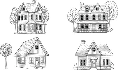 Vintage hand drawn house illustrations, traditional home sketches, black and white line art, architectural drawing, cottage, Victorian, farmhouse