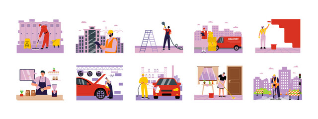 Worker illustrations set. Flat vector illustration concept.