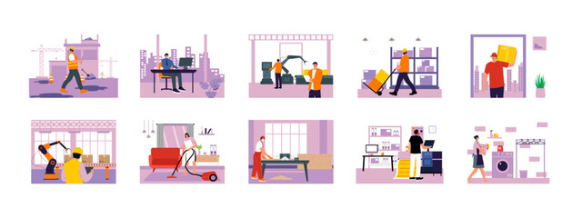 Worker illustrations set. Flat vector illustration concept.