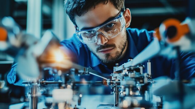 A focused engineer wearing safety glasses works meticulously on a high-tech mechanical device in a modern laboratory setting.