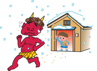 豆をまく男の子と逃げる鬼
