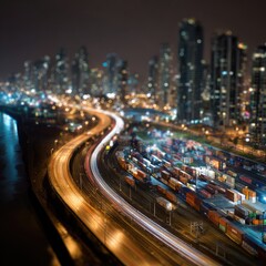 Obraz premium Blurry cityscape at night, highway trails