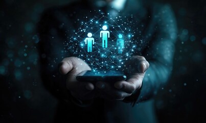 Businessman holds a phone with a network of people overlayed, suggesting digital connections