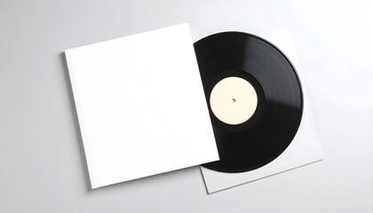 Stylized vinyl record mockup in retro ambiance &mdash; album cover front with bold artwork, record slightly pulled out, warm vintage tones, perfect for nostalgic branding or music-themed designs.

