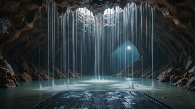 Enchanting Cave Waterfall: A Captivating Natural Wonder with Serene Water and Rocky Formations