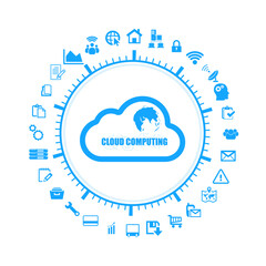 Modern cloud computing concept with digital technology icons surrounding a central cloud symbol for data, network, and internet connectivity