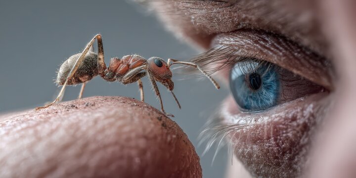 Tiny ant close-up viewed by a human eye.