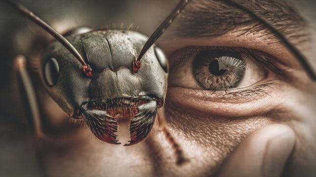 Close-up view of an ant's head and a human eye.