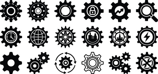 Gear icon pack, cogwheel technology, mechanical settings, digital security, global process, vector tool clipart set