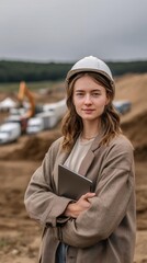 Confident female engineer with tablet on construction site