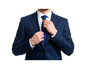 Man Adjusting Navy Blue Suit Jacket and Blue Dotted Tie.
