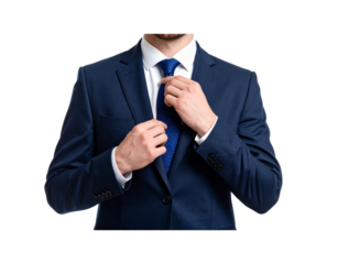 Man Adjusting Navy Blue Suit Jacket and Blue Dotted Tie.