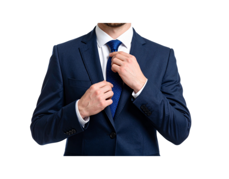 Man Adjusting Navy Blue Suit Jacket and Blue Dotted Tie.