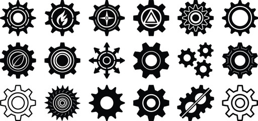 Gear icon set black, cogwheel symbols, industrial machine parts, mechanical settings tools, vector silhouette clipart