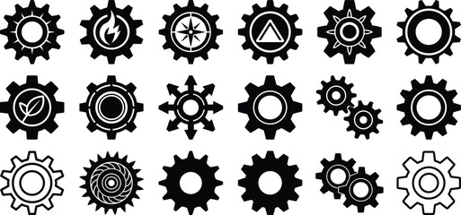 Gear icon collection, mechanical cogwheel silhouettes, industrial engineering tools, settings symbols vector clipart