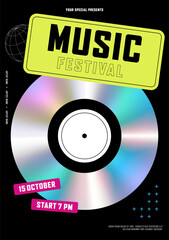 Pop music festival poster design template. Holographic vinyl record modern vintage retro style