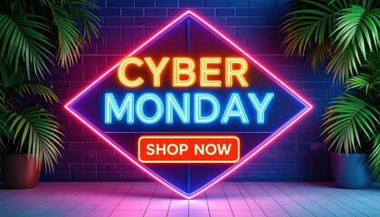 Neon Cyber Monday sign glowing in vibrant colors, with shop now call to action, surrounded by plants.
