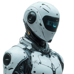 A female android with holographic hair and robotic limbs, sleek body design on transparent background