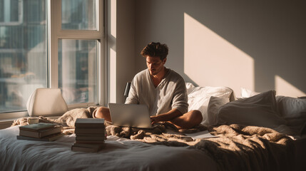 Fototapeta premium A man works from home, typing on a laptop while sitting on a bed. Depicts remote work, flexibility, and modern lifestyle in a relaxed home environment.
