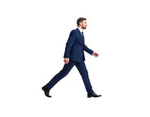 Confident businessman in navy blue suit walking side profile view serious expression dark shoes.