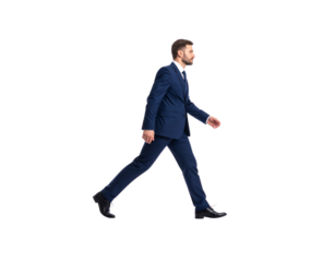 Confident businessman in navy blue suit walking side profile view serious expression dark shoes.