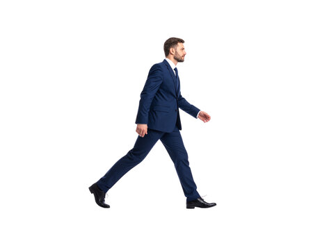 Confident businessman in navy blue suit walking side profile view serious expression dark shoes. - Powered by Adobe