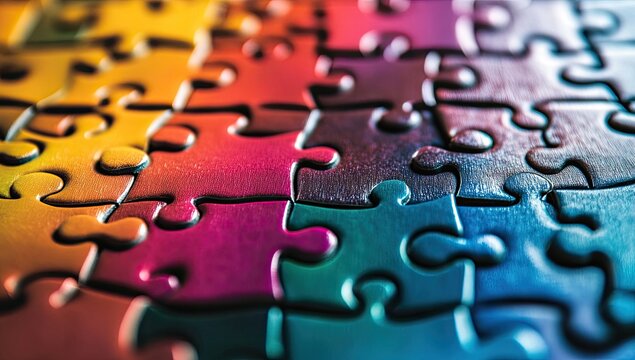 Close-up of colorful jigsaw puzzle pieces