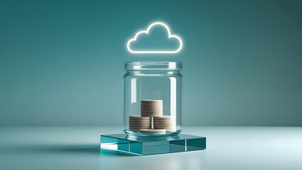 Consumer Spending Trends BNPL concept featuring a minimal cloud icon hovering above a transparent jar containing four stacked tokens on a reflective surface in a modern setting.