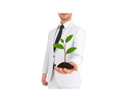Man in White Suit Gently Holding a Small Green Plant Sprout in His Open Palm. - Powered by Adobe