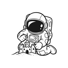 Astronaut building sandcastle on moon with space elements – Vector Illustration